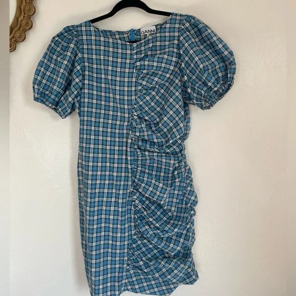 Ganni Check Ruched Seersucker Minidress in Check Azure Blue, - Picture 6 of 11
